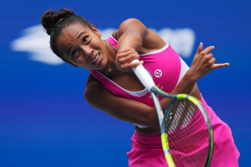Leylah Fernandez, of Canada, serves the ball to Jessica Pegula, of the United States, during the third round of the U.S. Open tennis championships Friday, Sept. 4, 2026, in New York. (AP Photo/Kirsty Wigglesworth)