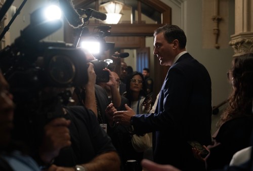 Minister of Artificial Intelligence and Digital Innovation Evan Solomon speaks with the media before caucus in Ottawa, Wednesday, Sept. 23, 2026. THE CANADIAN PRESS/Adrian Wyld