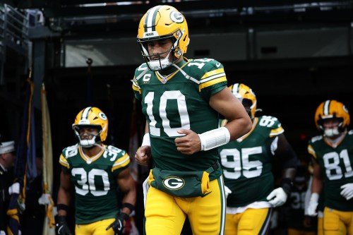 Green Bay Packers quarterback Jordan Love (10) takes the field with teammates before an NFL football game against the New York Jets in East Rutherford, N.J., Sunday, Sept. 20, 2026. (AP Photo/Adam Hunger)