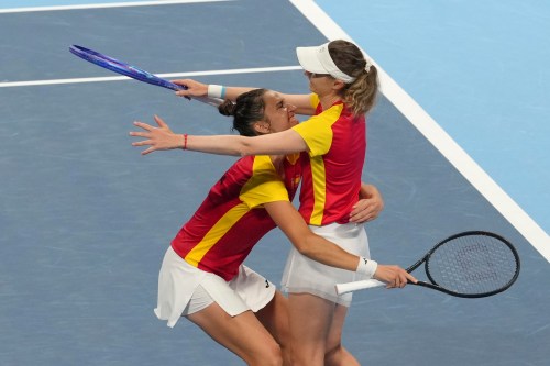 Spain's Cristina Bucsa and Sara Sorribes Tormo celebrates after defeating Kazakhstan's Anna Danilina and Zhibek Kulambayeva in a quarterfinal match for the Billie Jean King Cup held in Shenzhen in southern China's Guangdong province, Wednesday, Sept. 23, 2026. (AP Photo/Andy Wong)