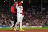 Boston Red Sox's Ceddanne Rafaela reacts after an apparent injury after hitting a single during the second inning of a baseball game against the Cleveland Guardians, Wednesday, Sept. 23, 2026, in Boston. (AP Photo/Charles Krupa)