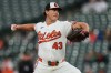 Baltimore Orioles starting pitcher Trey Gibson (43) delivers during the first inning in the second baseball game of a doubleheader against the Toronto Blue Jays, Wednesday, Sept. 23, 2026, in Baltimore. (AP Photo/Stephanie Scarbrough)