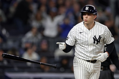 New York Yankees' Ben Rice reacts after hitting a solo home run during the first inning of a baseball game against the Tampa Bay Rays, Wednesday, Sept. 23, 2026, in New York. (AP Photo/Adam Hunger)