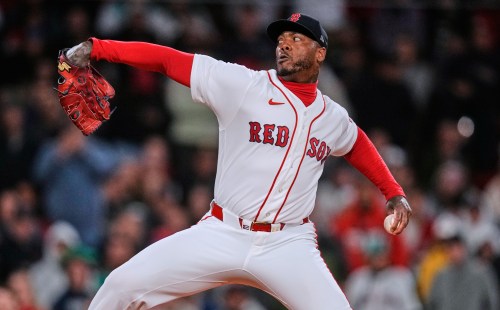 Boston Red Sox's Aroldis Chapman delivers during the ninth inning of a baseball game against the Cleveland Guardians, Wednesday, Sept. 23, 2026, in Boston. (AP Photo/Charles Krupa)