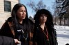 Odelia and Nerissa Quewezance, from left, speak to media outside Court of King's Bench in Yorkton, Sask., Monday, March 27, 2023. THE CANADIAN PRESS/Michael Bell