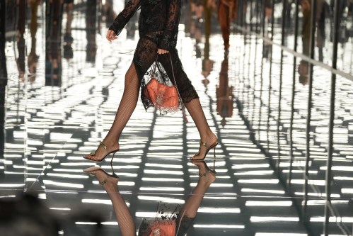 A model wears a creation as part of the Fendi Spring/Summer 2027 Women's collection presented in Milan, Italy, Wednesday, Sept. 23, 2026. (AP Photo/Antonio Calanni)