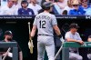 Chicago White Sox's Colson Montgomery walks back to the dugout after striking out during the third inning of a baseball game against the Kansas City Royals, Thursday, Sept. 24, 2026, in Kansas City, Mo. (AP Photo/Charlie Riedel)