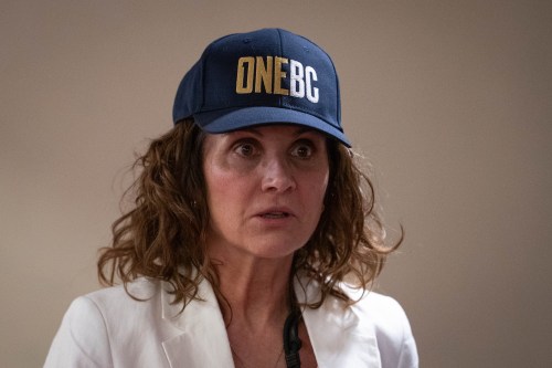 One BC party leader Dallas Brodie attends a Pierre Poilievre town hall in Vancouver, on Saturday, May 23, 2026. THE CANADIAN PRESS/Ethan Cairns