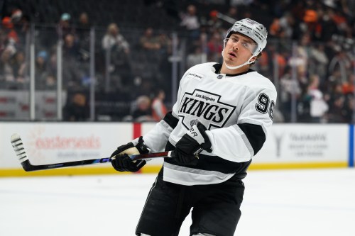 FILE - Los Angeles Kings left wing Andrei Kuzmenko skates before an NHL hockey game against the Anaheim Ducks on Nov. 28, 2025, in Anaheim, Calif. (AP Photo/William Liang, File)