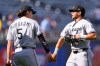 Chicago White Sox's Munetaka Murakami (5) and Braden Montgomery celebrate after their baseball game against the Kansas City Royals, Thursday, Sept. 24, 2026, in Kansas City, Mo. (AP Photo/Charlie Riedel)