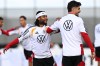 Germany's Serge Gnabry, left, and Kai Havertz attend a training session in Herzogenaurach, Germany, Tuesday Sept. 22, 2026, ahead of the Nations League soccer match against the Netherlands on Thursday. (Federico Gambarini/dpa via AP)
