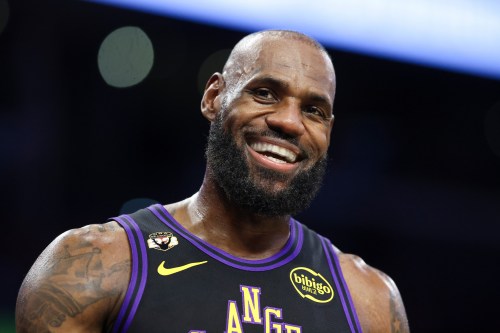FILE - Los Angeles Lakers forward LeBron James reacts during the first half of an NBA basketball game against the Phoenix Suns, Friday, April 10, 2026, in Los Angeles. (AP Photo/Jessie Alcheh, File)