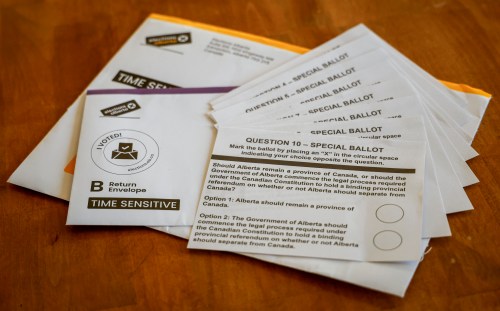 Alberta referendum mail-in special ballots are seen in Calgary, Thursday, Sept. 24, 2026.THE CANADIAN PRESS/Jeff McIntosh