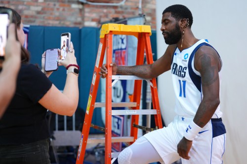 Dallas Mavericks' Kyrie Irving is interviewed during his team's NBA basketball media day Friday, Sept. 25, 2026, in Dallas. (AP Photo/Julio Cortez)