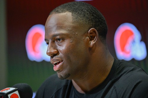 Former Cleveland Browns running back Nick Chubb speaks to reporters during a news conference, Friday, Sept. 25, 2026, in Berea, Ohio, after signing a one-day contract with the NFL football team so he could retire as a Cleveland Brown. (AP Photo/Phil Long)