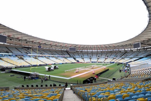 A general view of the interior of the Maracana stadium as workers prepare it for Sunday's NFL game between the Dallas Cowboys and the Baltimore Ravens in Rio de Janeiro, Brazil, Thursday, Sept. 24, 2026. (AP Photo/Gregory Payan)