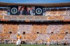 President Donald Trump is displayed on the scoreboard as he attends the Tennessee-Texas NCAA college football game in Knoxville, Tenn., Saturday, Sept. 26, 2026. (Sara Diggins/The San Antonio Express-News via AP)