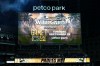 The score board at Petco Park showing the San Diego Padres will host the Chicago Cubs on Sept. 29 for the National League Wild Card series Saturday, Sept. 26, 2026, in San Diego. (AP Photo/Karl Anderson)