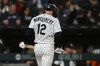 Chicago White Sox's Colson Montgomery reacts after striking out during the sixth inning of a baseball game against the Colorado Rockies, Saturday, Sept. 26, 2026, in Chicago. (AP Photo/Paul Beaty)