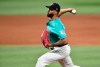 Miami Marlins pitcher Sandy Alcantara throws during the ninth inning of a baseball game against the Atlanta Braves, Sunday, Sept. 27, 2026, in Miami. (AP Photo/Michael Laughlin)