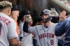 Houston Astros' Christian Walker celebrates after hitting a home run during the sixth inning of a baseball game against the Athletics Sunday, Sept. 27, 2026, in West Sacramento, Calif. (AP Photo/Sara Nevis)