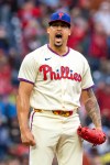 Philadelphia Phillies pitcher Jhoan Duran reacts after the last pitch of a baseball game against the Tampa Bay Rays, clinching a Wild Card slot in the postseason, Sunday, Sept. 27, 2026, in Philadelphia. (AP Photo/Laurence Kesterson)