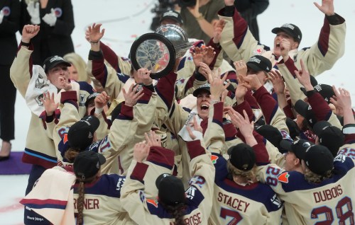 Montreal Victoire players celebrate after defeating the Ottawa Charge to win the PWHL championship in Ottawa on May 20, 2026. THE CANADIAN PRESS/Adrian Wyld