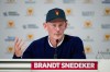 USA team Captain Brandt Snedeker speaks during the four-ball match Captain's Pairings event prior to the start of the Presidents Cup golf tournament against the International team at Medinah Country Club, Wednesday, Sept. 23, 2026, in Medinah, Ill. (AP Photo/Matt Slocum)