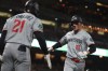 Minnesota Twins' Walker Jenkins (11) celebrates with Emmanuel Rodriguez (21) after hitting a home run during the seventh inning of a baseball game against the San Francisco Giants in San Francisco, Tuesday, Sept. 22, 2026. (AP Photo/Jed Jacobsohn)