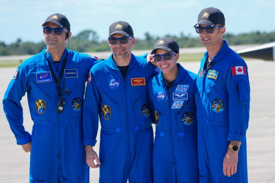 The crew for the upcoming NASA SpaceX launch (from left) — Sergey Teteryatnikov of Russia, pilot Luke Delaney, commander Jessica Watkins and Joshua Kutryk of Canada. (John Raoux / The Associated Press files)