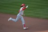 Philadelphia Phillies' Alec Bohm celebrates his home run against the Atlanta Braves in the 10th inning during Game 2 of baseball's National League Wild Card Series Wednesday, Sept. 30, 2026, in Atlanta. (AP Photo/Mike Stewart)