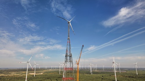 A newly constructed wind turbine, whose rotor tips reach a maximum height of 365 meters (1,198 feet), stands in Schipkau, Germany, Thursday, Oct. 1, 2026. (AP Photo/Markus Schreiber)
