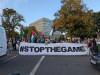 People call on the Football Association of Ireland to boycott Sunday's soccer game against Israel near the Aviva Stadium in Dublin on Thursday, Oct. 1, 2026. (Cillian Sherlock/PA via AP)