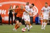 Toronto FC defender Shane O'Neill (27) fights for a ball with Forge FC midfielder Kyle Bekker (10) during first half Canadian Championship semifinal action in Hamilton, Ont., on Wednesday, July 10, 2024. THE CANADIAN PRESS/Nick Iwanyshyn