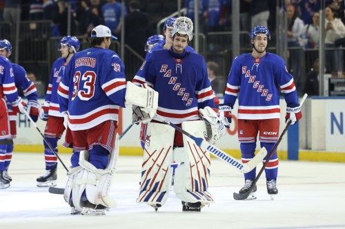 New York Rangers goaltender Igor Shesterkin, center, after an NHL hockey game against the Tampa Bay Lightning Thursday, Oct. 1, 2026, in New York. (AP Photo/Pamela Smith)