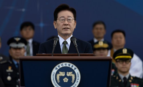 South Korean President Lee Jae Myung delivers a speech during the Armed Forces Day at a military base in Gyeyong, South Korea, Thursday, Oct. 1, 2026. (Jeon Heon-kyun/Pool Photo via AP)