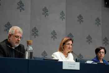 Father Giacomo Costa, consultor of the General Secretariat of the Synod, from left, Gabriella Gambino, undersecretary of the Vatican's Dicastery for the Laity, Family and Life, and Orietta Rachele Grazioli, a professor of canon and comparative family law, attend a news conference presenting Pope Leo XIV's meeting with the heads of the Eastern Churches and the presidents of the Episcopal Conferences, at the Vatican, Friday, Oct. 2, 2026. (AP Photo/Gregorio Borgia)