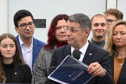 Quebec Conservative Leader Eric Duhaime and local candidates at campaign wrap up news conference in Quebec City, Friday, Oct. 2, 2026. Quebecers are going to the polls for a provincial election on Oct. 5. THE CANADIAN PRESS/Jacques Boissinot