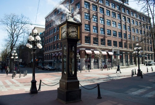 The steam clock is seen in a deserted historic Gastown in downtown Vancouver Tuesday, March 17, 2020. THE CANADIAN PRESS/Jonathan Hayward