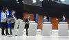 From left, Québec solidaire co-spokesperson Ruba Ghazal, Parti Québécois Leader Paul St-Pierre Plamondon, Coalition Avenir Québec Leader Christine Fréchette, Quebec Conservative Leader Éric Duhaime and Quebec Liberal Leader Charles Milliard participate in a leaders debate in Montreal on Wednesday, Sept. 23, 2026. Quebec votes in a provincial election on Oct. 5, 2026.THE CANADIAN PRESS/Christopher Katsarov