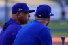 Los Angeles Dodgers manager Dave Roberts, left, talks with third baseman Max Muncy during practice ahead of a baseball NL Division Series Thursday, Oct. 1, 2026, in Los Angeles. (AP Photo/Mark J. Terrill)