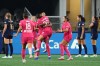 North Carolina Courage forward Gianna Paul, center facing, celebrates her goal with teammate Shinomi Koyama (20) during the second half of an NWSL soccer match against the Seattle Reign FC, Friday, Oct. 2, 2026, in Seattle. (AP Photo/Lindsey Wasson)