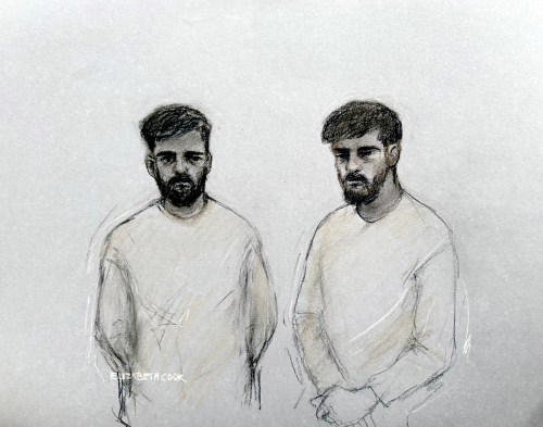 This is a court artist sketch by Elizabeth Cook of Iranian nationals of Salam Ahmadyan, 36, left, of Liverpool and Rahman Salehi, 34, of Salford who have been remanded in custody after appearing at Westminster Magistrates' Court on Saturday morning, Oct. 3, 2026, charged with preparation for terrorist acts over an alleged bomb plot against the Jewish community in Manchester. (Elizabeth Cook/PA via AP)