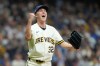 Milwaukee Brewers' Jacob Misiorowski reacts after striking out San Diego Padres' Luis Campusano during the fourth inning in Game 1 of a National League Divisional baseball playoff series Saturday, Oct. 3, 2026, in Milwaukee. (AP Photo/Kayla Wolf)