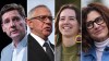 This composite image shows, left to right, B.C. NDP Leader David Eby in Vancouver, on April 13, 2026; B.C. Conservative interim Leader Lorne Doerkson, in Vancouver, on Sept. 22, 2026; B.C. Green Party Leader Emily Lowan in Victoria, on Sept. 23, 2026; and OneBC interim Leader Dallas Brodie in Vancouver, on Oct. 15, 2024. THE CANADIAN PRESS/Darryl Dyck, Rich Lam, Kevin Light