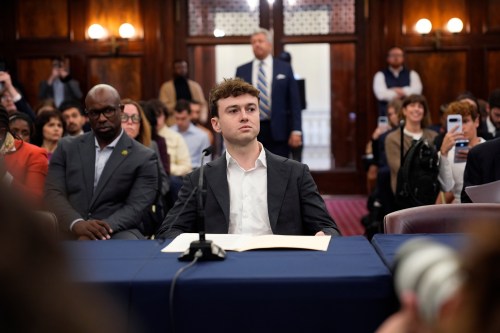 Jacob Coxon gets ready to testify at the New York City Council hearing on artificial intelligence safety in New York, Monday, Oct. 5, 2026. (AP Photo/Seth Wenig)