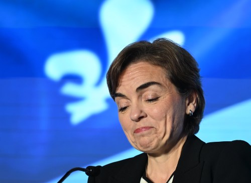 Coalition Avenir Québec Leader Christine Fréchette briefly closes her eyes during her election night speech at a party gathering in Trois-Rivières, Que., on Oct. 5, 2026. THE CANADIAN PRESS/Jacques Boissinot