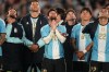 Argentina's Lionel Messi and teammates watch a drone show at the end of his final match for the national team, a soccer friendly against Benin, in Buenos Aires, Argentina, Tuesday, Oct.6, 2026. (AP/Photo/Gustavo Garello)