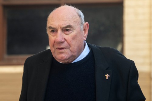 Former Bishop of Broome Christopher Alan Saunders arrives at the West Australian District Court in Perth, Australia, on Aug. 11, 2026. (Aaron Bunch/AAP Image via AP)
