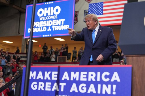 President Donald Trump departs after speaking during an event at Butler High School in Vandalia, Ohio, Saturday, Oct. 3, 2026. (AP Photo/Mark Schiefelbein)